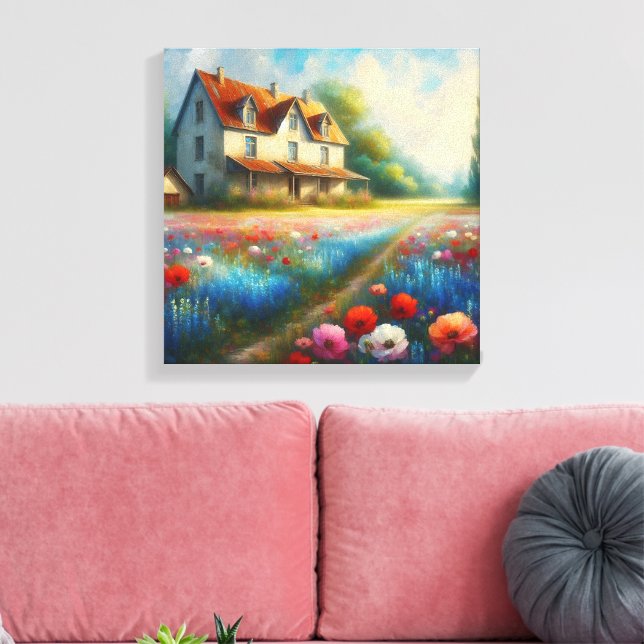 Farmhouse in a field of flowers canvas print (Insitu(LivingRoom))