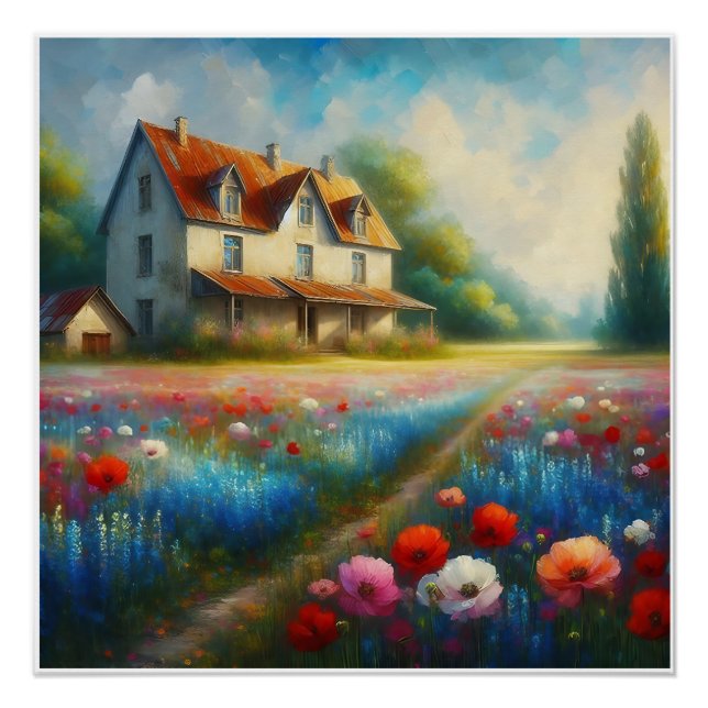 Farmhouse in a field of flowers poster (Front)