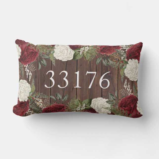 Farmhouse Just Married Roses Zip Code Outdoor Lumbar Pillow (Front)