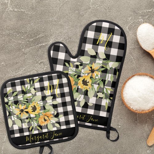 Farmhouse kitchen floral monogram name plaid oven mitt  pot holder set