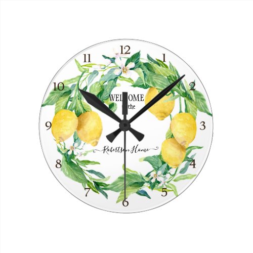 Farmhouse Kitchen Lemon Greenery Wreath Yellow Round Clock