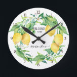Farmhouse Kitchen Lemon Greenery Wreath Yellow Round Clock<br><div class="desc">"Farmhouse Kitchen Lemon Greenery Wreath Yellow Clock" is a fresh, lemon citrus grove in your kitchen. If only you could smell the citrus fragrance! Original artwork was hand painted by California artist, Audrey Jeanne Roberts. Audrey Jeanne once owned a citrus grove and often painted from life. She has been internationally...</div>