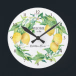 Farmhouse Kitchen Lemon Greenery Wreath Yellow Round Clock<br><div class="desc">"Farmhouse Kitchen Lemon Greenery Wreath Yellow Clock" is a fresh, lemon citrus grove in your kitchen. If only you could smell the citrus fragrance! Original artwork was hand painted by California artist, Audrey Jeanne Roberts. Audrey Jeanne once owned a citrus grove and often painted from life. She has been internationally...</div>