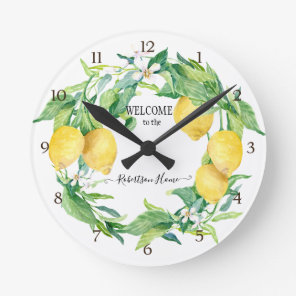 Farmhouse Kitchen Lemon Greenery Wreath Yellow Round Clock