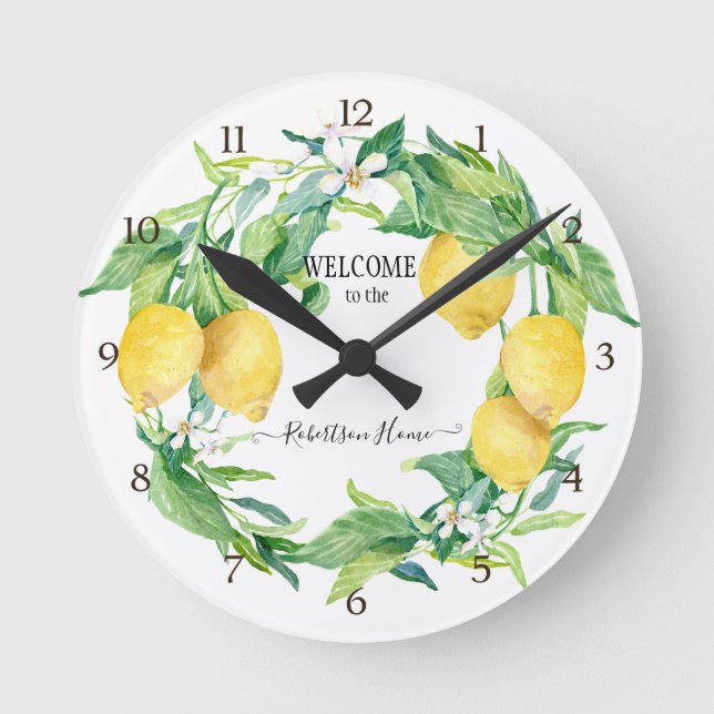 Farmhouse Kitchen Lemon Greenery Wreath Yellow Round Clock (Front)