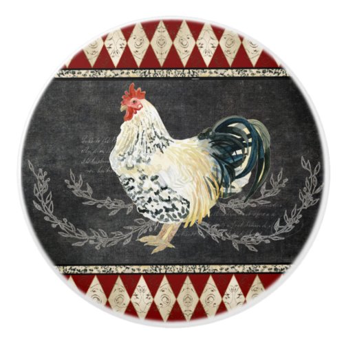 Farmhouse Kitchen Rooster Chalkboard Black n White Ceramic Knob