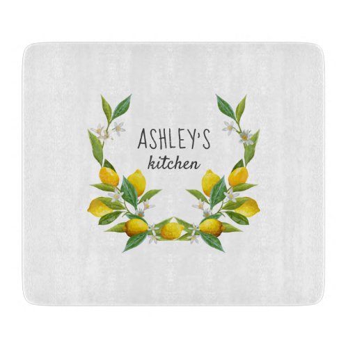 Farmhouse kitchen watercolor lemon personalized cutting board