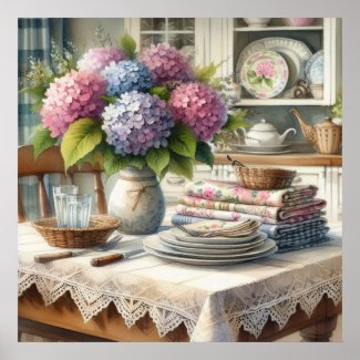 Farmhouse Kitchen with Hydrangea Flowers