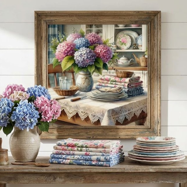 Farmhouse Kitchen with Hydrangea Flowers Poster (Creator Uploaded)