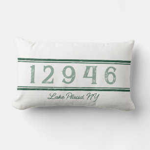 Farmhouse Lake Placid Mountain Town Zip Code Lumbar Pillow