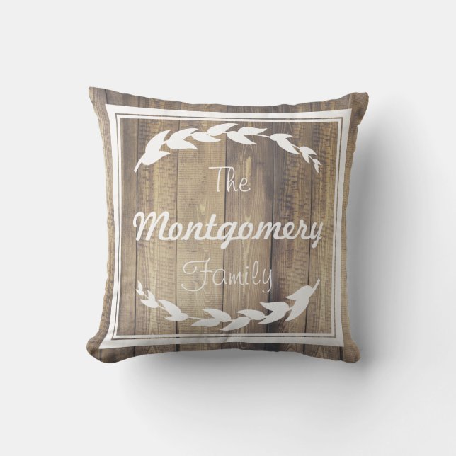 Farmhouse Laurel Sprigs Barn Wood Family Name Throw Pillow (Front)