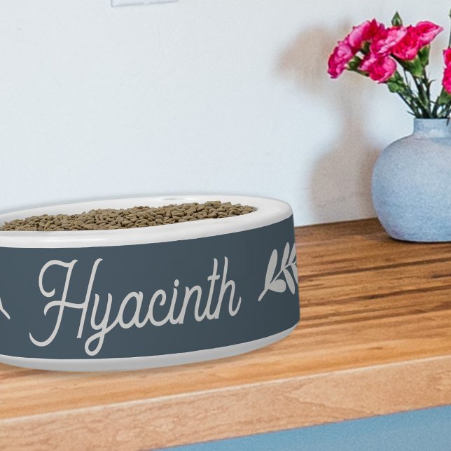Farmhouse Leaves Personalized Script Blue Pet Bowl (Creator Uploaded)