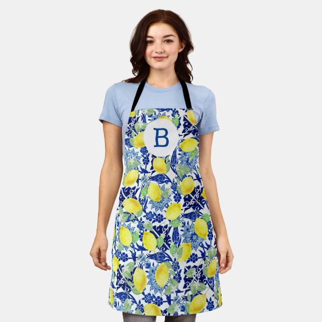 Farmhouse Lemons & Blue Floral Monogram Apron (Worn)