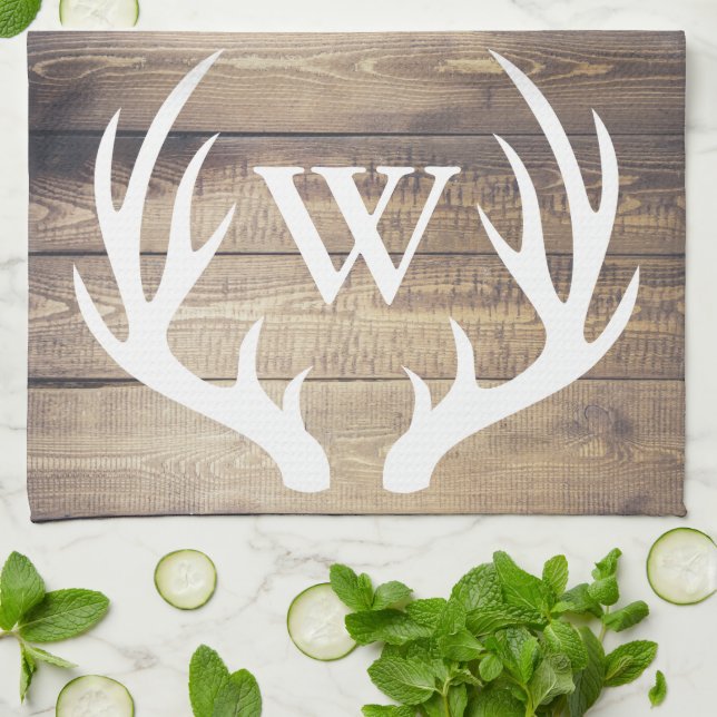 Farmhouse Light Barn Wood Planks Antlers Monogram Kitchen Towel (Folded)