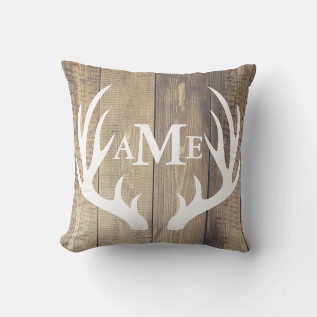 Farmhouse Light Barn Wood White Deer Antlers Throw Pillow (Front)