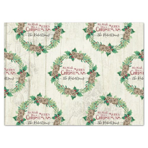 Farmhouse Merry Christmas Wreath Pine Cone Family Tissue Paper