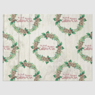 Farmhouse Merry Christmas Wreath Pine Cone Holly Tissue Paper