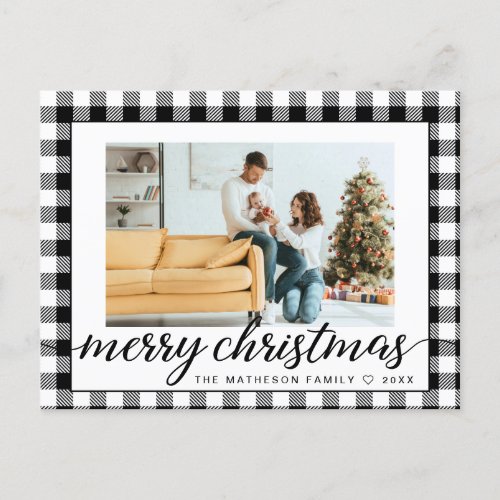 Farmhouse Modern black white Plaid Christmas Photo Holiday Postcard