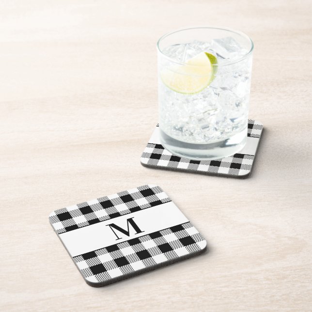 Farmhouse Monogram Black  White Buffalo Plaid Beverage Coaster (Right Side)