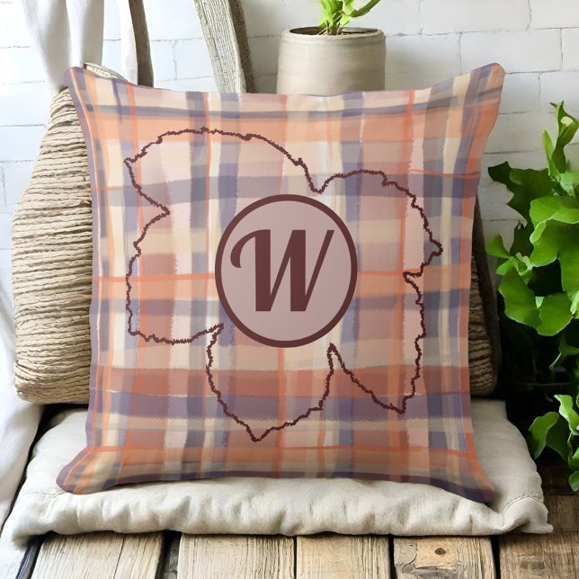 Farmhouse monogram plaid leaf orange purple cream throw pillow (Creator Uploaded)