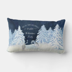 Farmhouse Navy Snowing White Christmas Family Name Lumbar Pillow | Zazzle