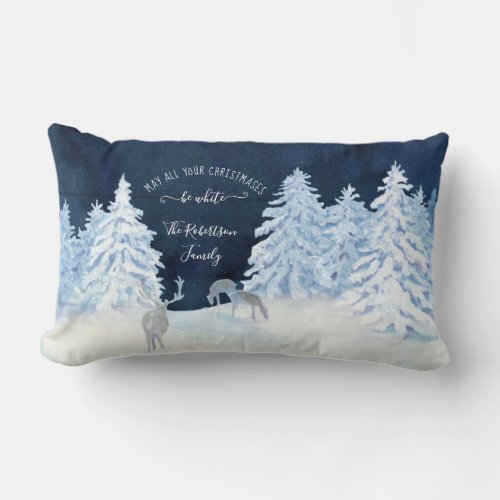 Farmhouse Navy Snowing White Christmas Family Name Lumbar Pillow