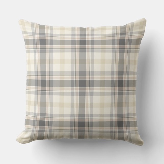 Farmhouse Neutral Plaid Pillow in Gray, Tan, Ivory (Front)