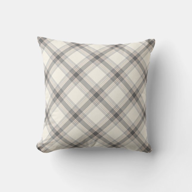 Farmhouse Neutral Plaid Pillow in Gray, Tan, Ivory (Front)