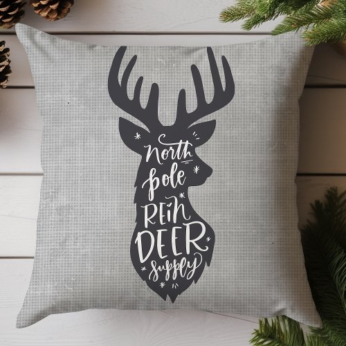 Farmhouse North Pole Reindeer Burlap Throw Pillow