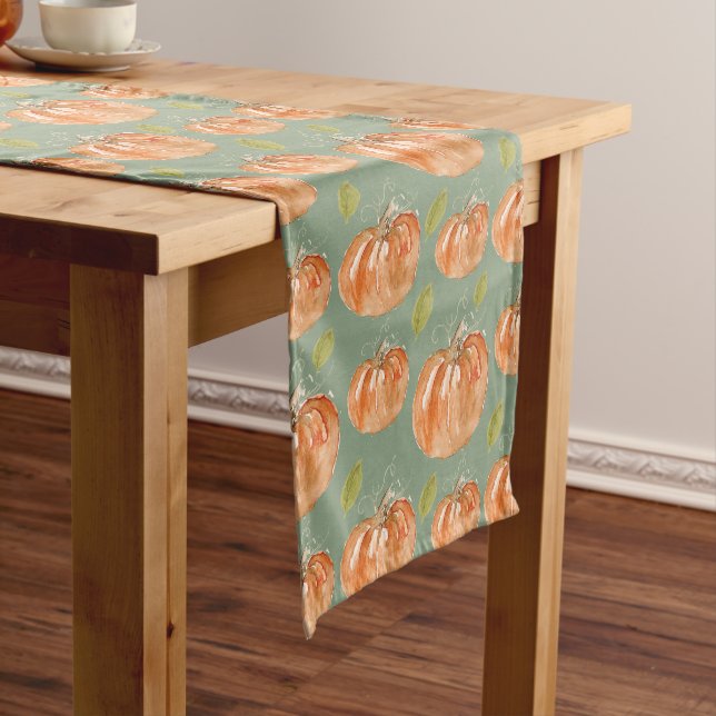 Farmhouse Orange and Green Watercolor Pumpkin  Short Table Runner (In Situ)