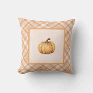 Farmhouse Orange Pumpkin Pastel Plaid Autumn Throw Pillow