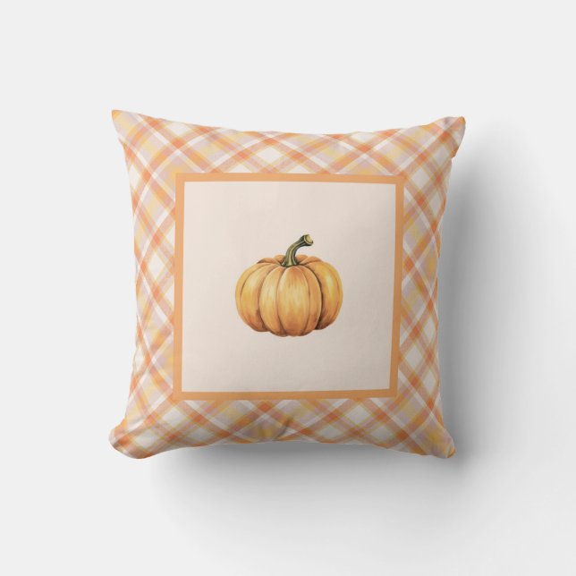 Farmhouse Orange Pumpkin Pastel Plaid Autumn  Throw Pillow (Front)