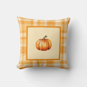 Farmhouse Orange Pumpkin Plaid Fall Home Decor Throw Pillow