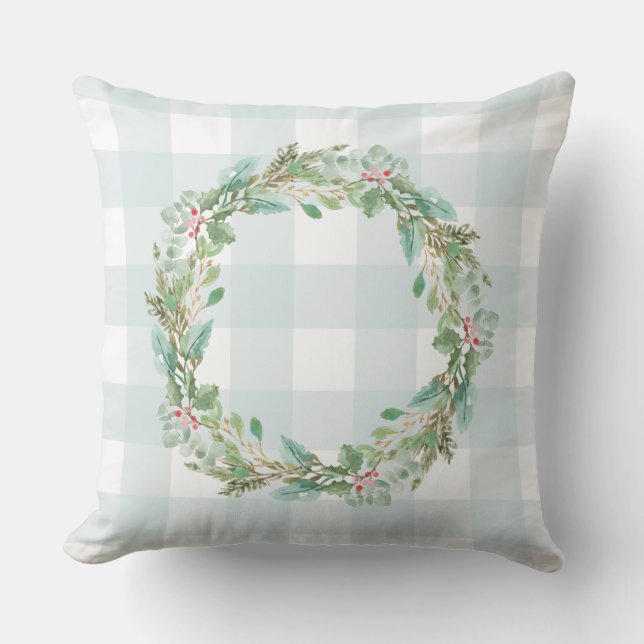 Farmhouse Pastel Blue Check Plaid Christmas Wreath Throw Pillow (Front)