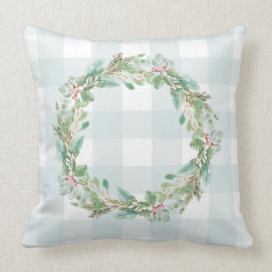Farmhouse Pastel Blue Check Plaid Christmas Wreath Throw Pillow