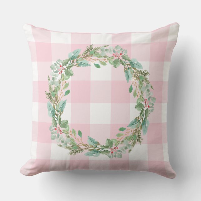 Farmhouse Pastel Pink Check Plaid Christmas Wreath Throw Pillow (Front)