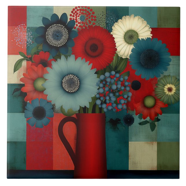 Farmhouse Patchwork Blue Berry Bouquet Ceramic Tile (Front)