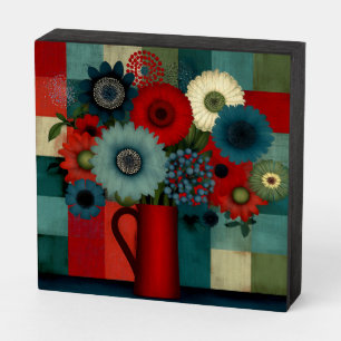 Farmhouse Patchwork Blue Berry Bouquet Wooden Box Sign