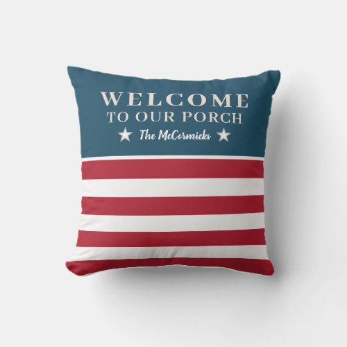 Farmhouse Patriotic American Flag Family Monogram Outdoor Pillow