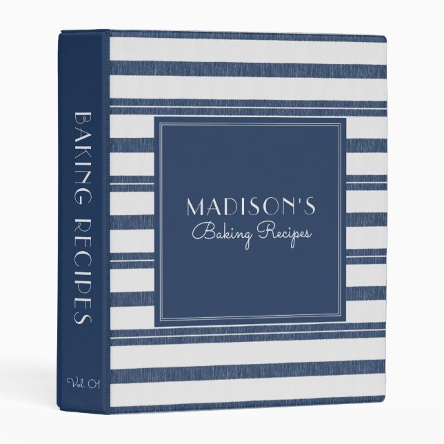 Farmhouse Personalized Baking Recipe Navy Striped Mini Binder (Front/Spine)