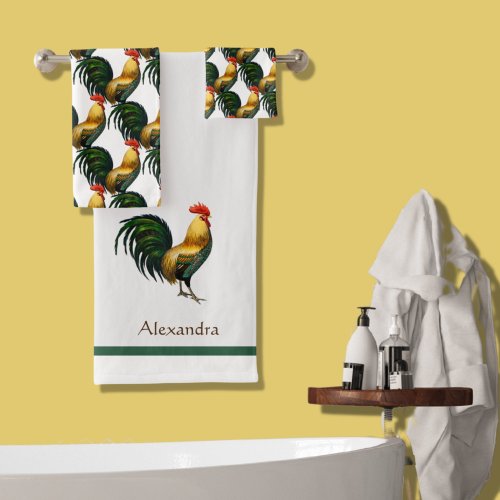 Farmhouse Personalized Colorful Rooster Bath Towel Set