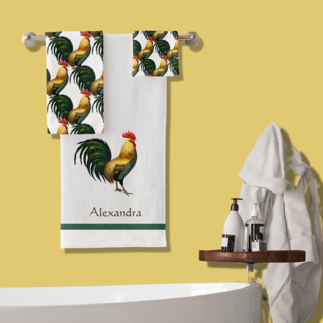 Farmhouse Personalized Colorful Rooster Bath Towel Set (Creator Uploaded)