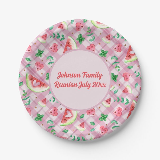 Farmhouse Picnic Watermelon Hearts Pink Gingham  Paper Plates (Front)