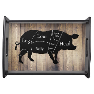 Farmhouse Pig Butcher Chart Wood Planks Serving Tray