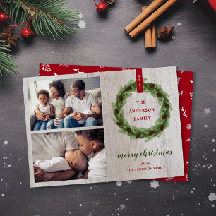 Farmhouse Pine Wreath Merry Christmas 2 Photo Holiday Card