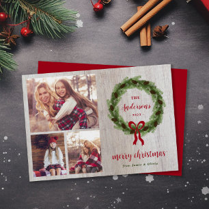 Farmhouse Pine Wreath Merry Christmas 3 Photo Holiday Card