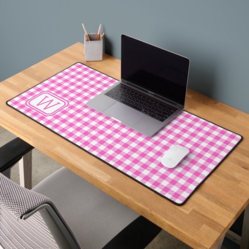 Farmhouse Pink and White Gingham Plaid Monogram Desk Mat