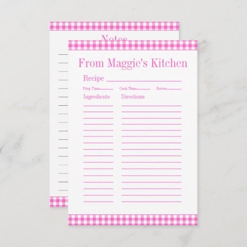 Farmhouse Pink and White Gingham Plaid Recipe Note Card