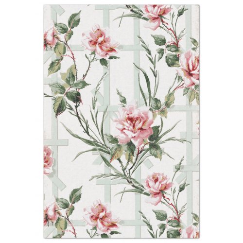 Farmhouse Pink Roses on Garden Trellis Tissue Paper