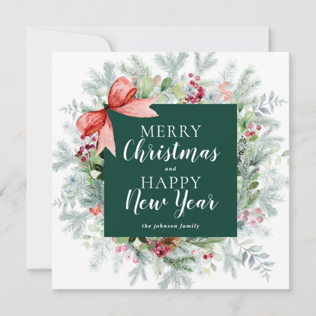 Farmhouse Plaid Check Winter Wreath Christmas Holiday Card (Front)